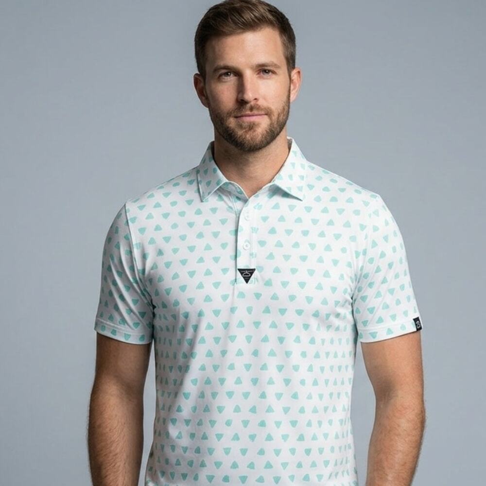Bad Birdie Performance Golf Polo Shirt Mens L Teal White Geometric Triangle Logo